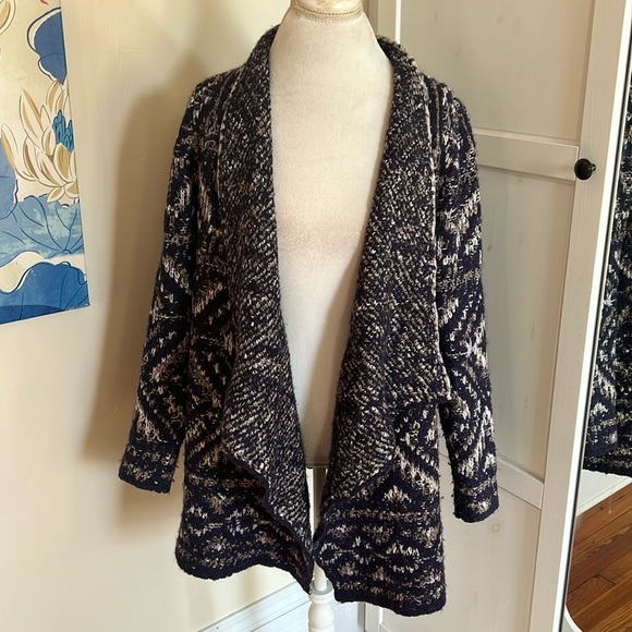 Lucky Brand Sweaters - Lucky Brand Wool Blend Navy White and Tan Open Front Cardigan Sweater Large
